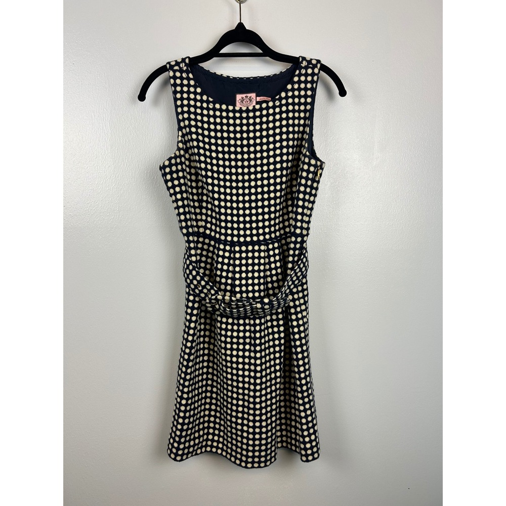 Juicy Couture Y2K Polka Dot Belted Dress Size 2 Navy Leigh Wool Blend Preppy